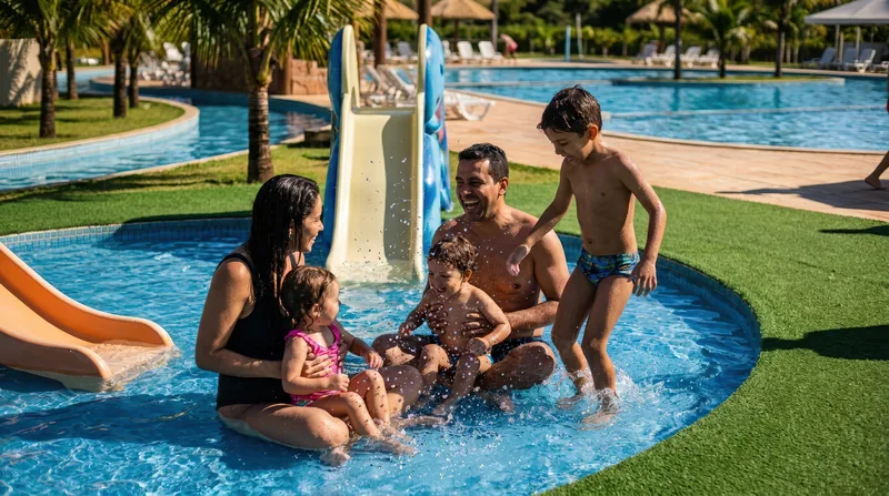 Pais e filhos brincando no escorregador da piscina infantil