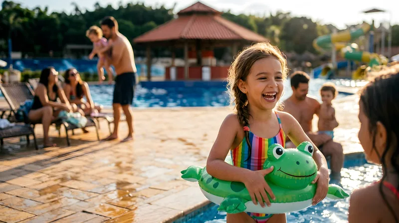 Menina sorrindo com boia de sapo à beira da piscina
